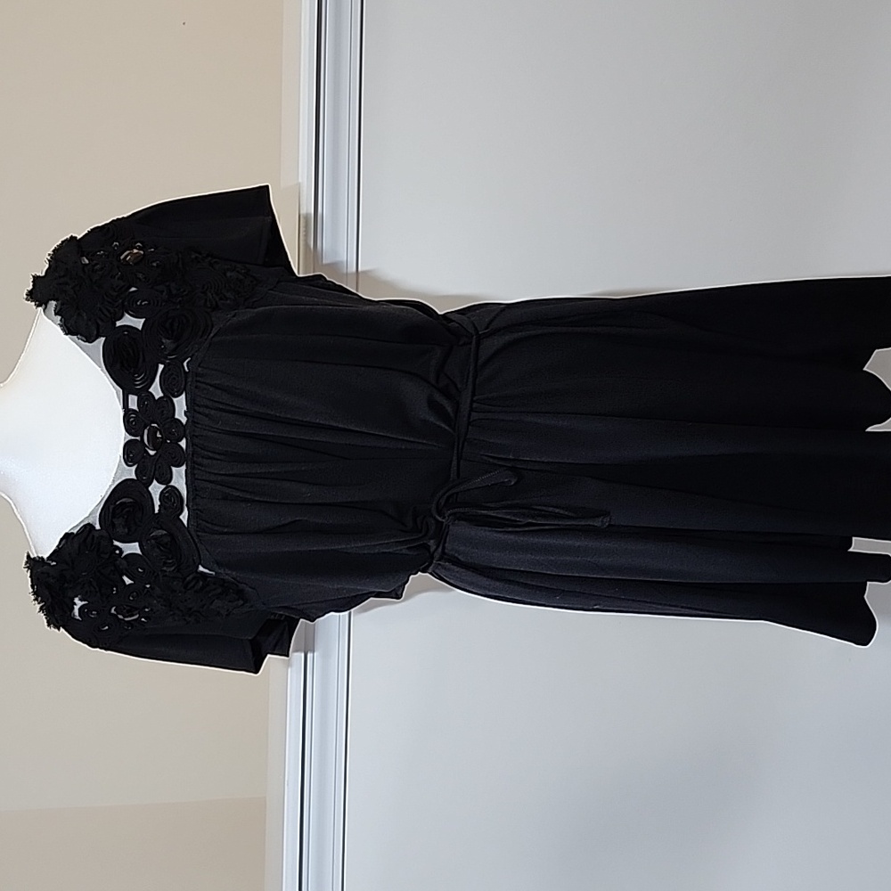 Women's lightweight belted flowy little black dress with beaded neckline 1X